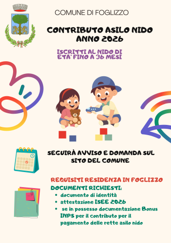  AVVISO - CONTRIBUTI PER FAMIGLIE RESIDENTI  CON MINORI FREQUENTANTI ASILI NIDO - ANNO 2026 